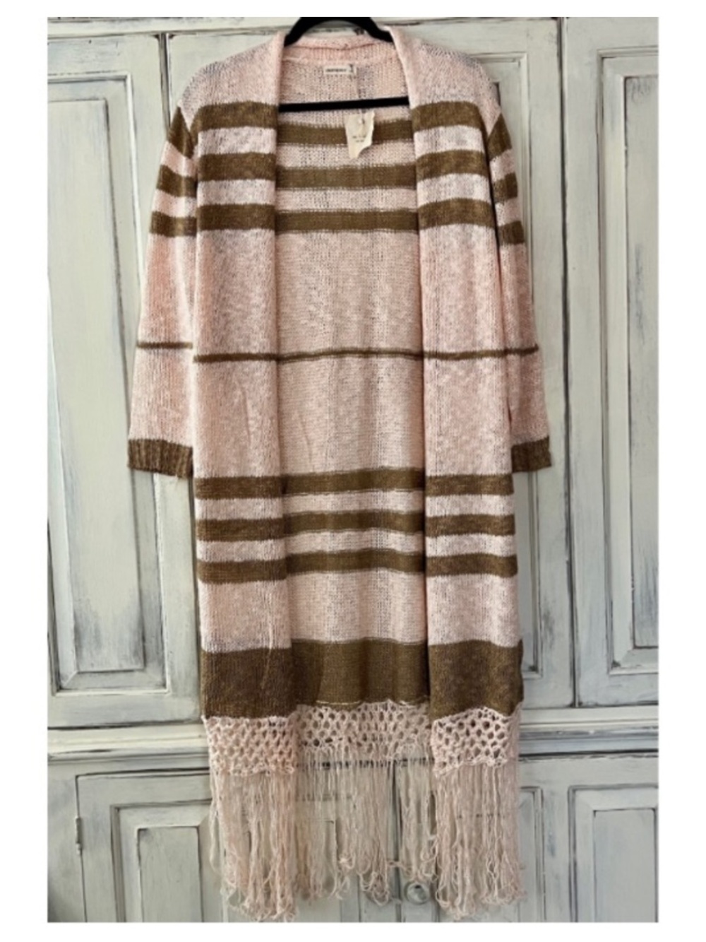 NWT AND THE WHY Fringe Long Duster Cardigan in Blush/Mocha Stripes S/M